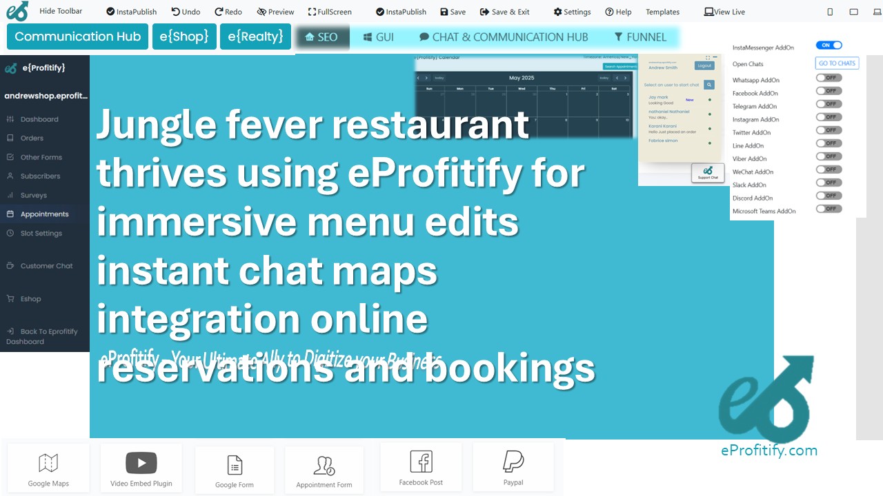Jungle fever restaurant thrives using eProfitify for immersive menu edits instant chat maps integration online reservations and bookings